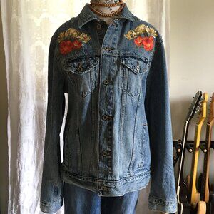 Lucky Brand Flowery Embroidered Distressed Denim Boho Jacket Women's Size L